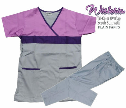 Tri-Color Overlap Scrub Suit Top & Pants Set (Wisteria)