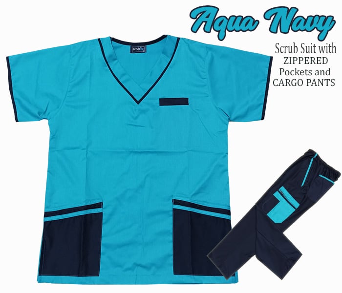 Multi-Pocket Scrub Suit Top & Cargo Pants Set with Zippers  (Aqua Navy)