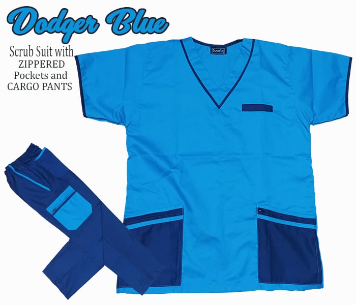 Multi-Pocket Scrub Suit Top & Cargo Pants Set with Zippers (Dodger Blue)