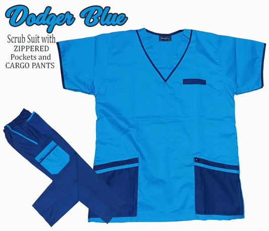 Multi-Pocket Scrub Suit Top & Cargo Pants Set with Zippers (Dodger Blue)
