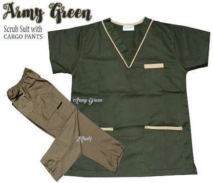 Scrub Suit Top & Pants Set with Piping (Army Green)
