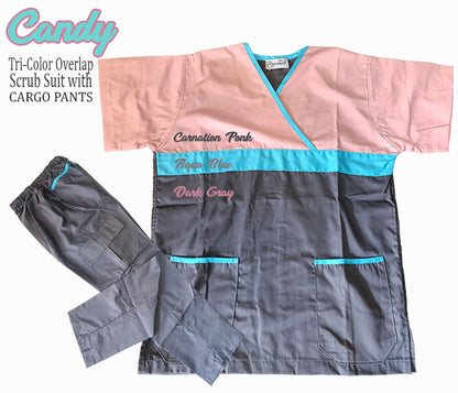 Tri-Color Overlap Scrub Suit Top & Pants Set (Candy)