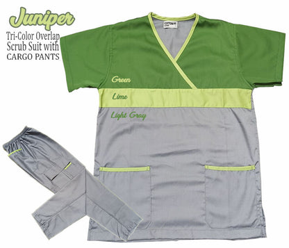 Tri-Color Overlap Scrub Suit Top & Pants Set (Juniper)