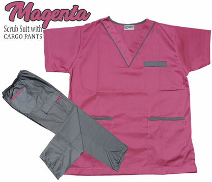 Scrub Suit Top & Pants Set with Piping (Magenta)