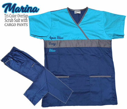 Tri-Color Overlap Scrub Suit Top & Pants Set (Marina)
