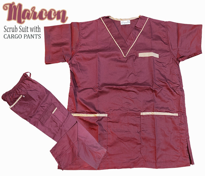 Scrub Suit Top & Pants Set with Piping (Maroon)