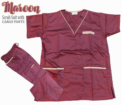 Scrub Suit Top & Pants Set with Piping (Maroon)