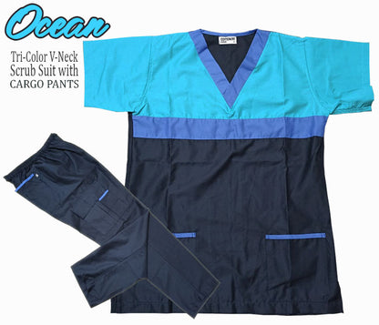 Tri-Color Scrub Suit Top & Pants Set (Ocean)