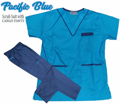 Scrub Suit Top & Pants Set with Piping (Pacific Blue)