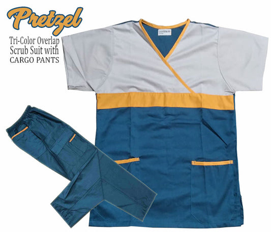 Tri-Color Overlap Scrub Suit Top & Pants Set (Pretzel)
