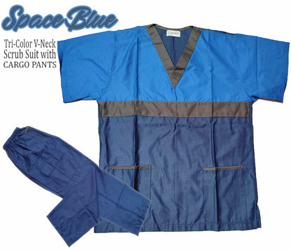 Tri-Color Scrub Suit Top & Pants Set (Space Blue)