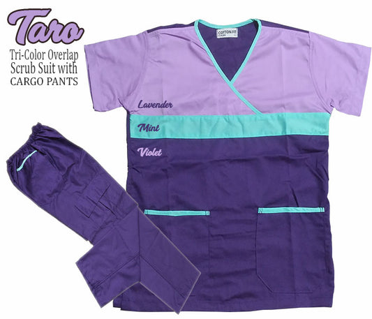 Tri-Color Overlap Scrub Suit Top & Pants Set (Taro)