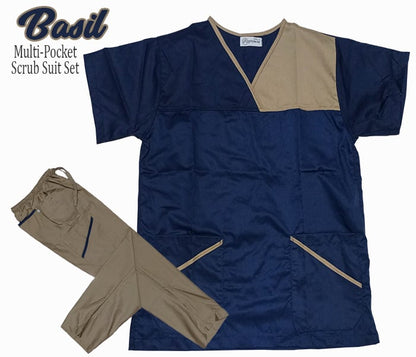 Multi-Pocket Overlap Scrub Suit Top & Cargo Pants Set (Basil)