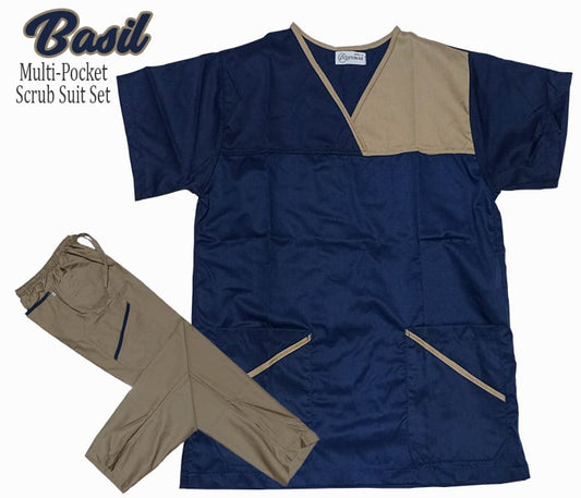 Multi-Pocket Overlap Scrub Suit Top & Cargo Pants Set (Basil)