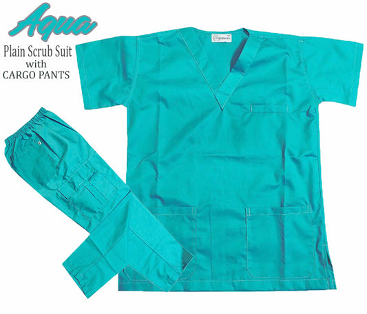 Plain Scrub Suit Top & Cargo Pants Set (Aqua Blue)