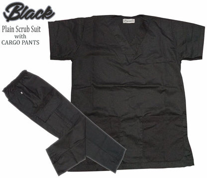 Plain Scrub Suit Top & Cargo Pants Set (Black)