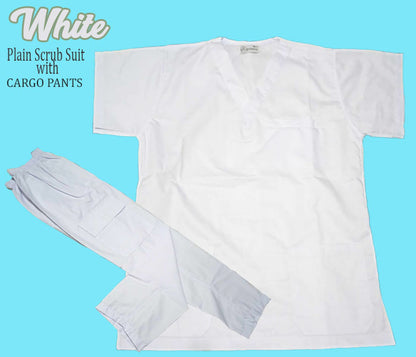 Plain Scrub Suit Top & Cargo Pants Set (White)