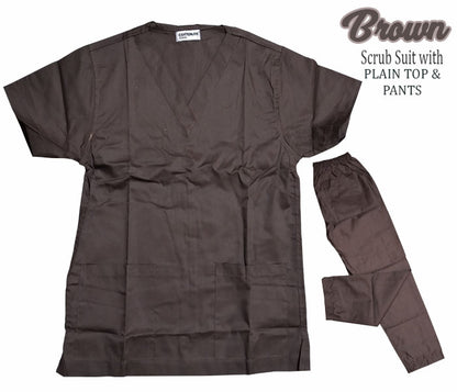 Plain Scrub Suit Top & Pants Set (Brown)