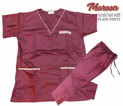 Scrub Suit Top & Pants Set with Piping (Maroon)