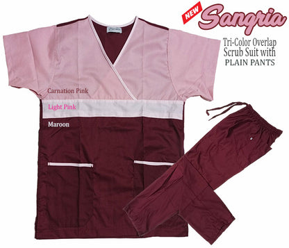 Tri-Color Overlap Scrub Suit Top & Pants Set (Sangria)