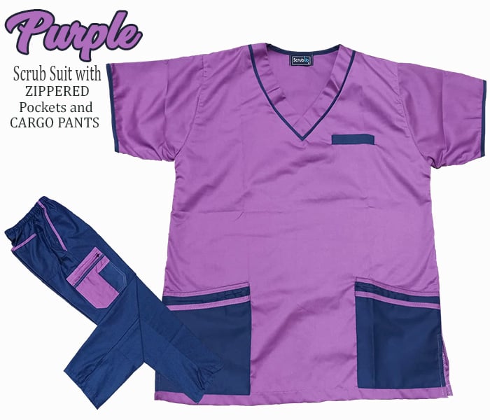 Multi-Pocket Scrub Suit Top & Cargo Pants Set with Zippers (Purple)
