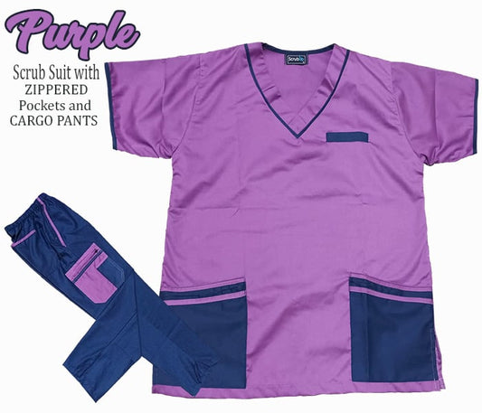 Multi-Pocket Scrub Suit Top & Cargo Pants Set with Zippers (Purple)