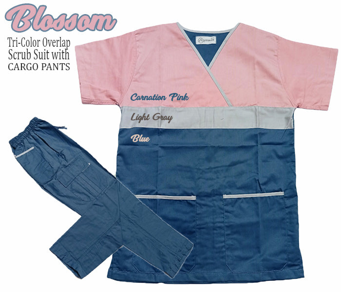 Tri-Color Overlap Scrub Suit Top & Pants Set (Blossom)